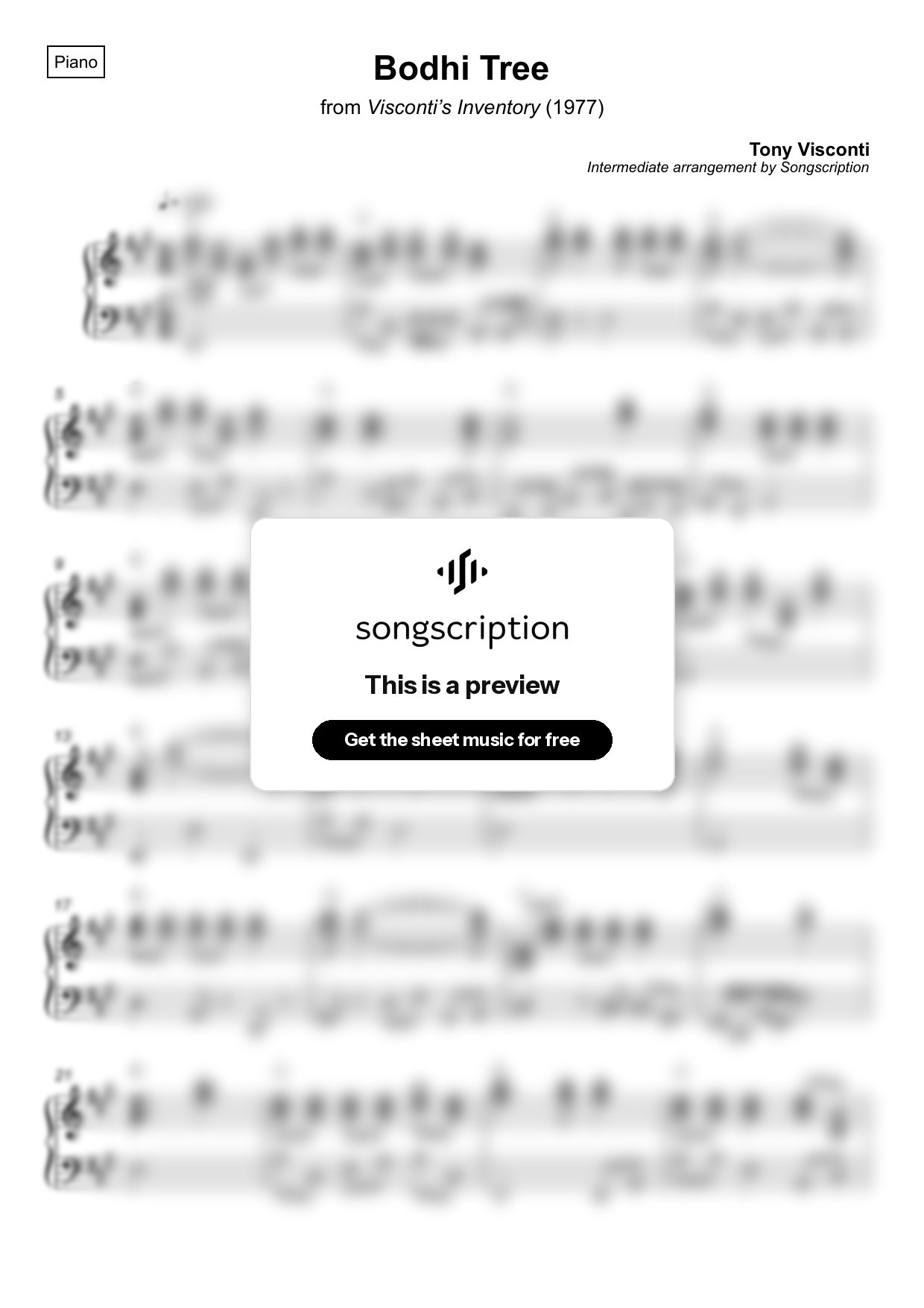 Intermediate Piano Sheet Music for "Bodhi Tree" by Tony Visconti