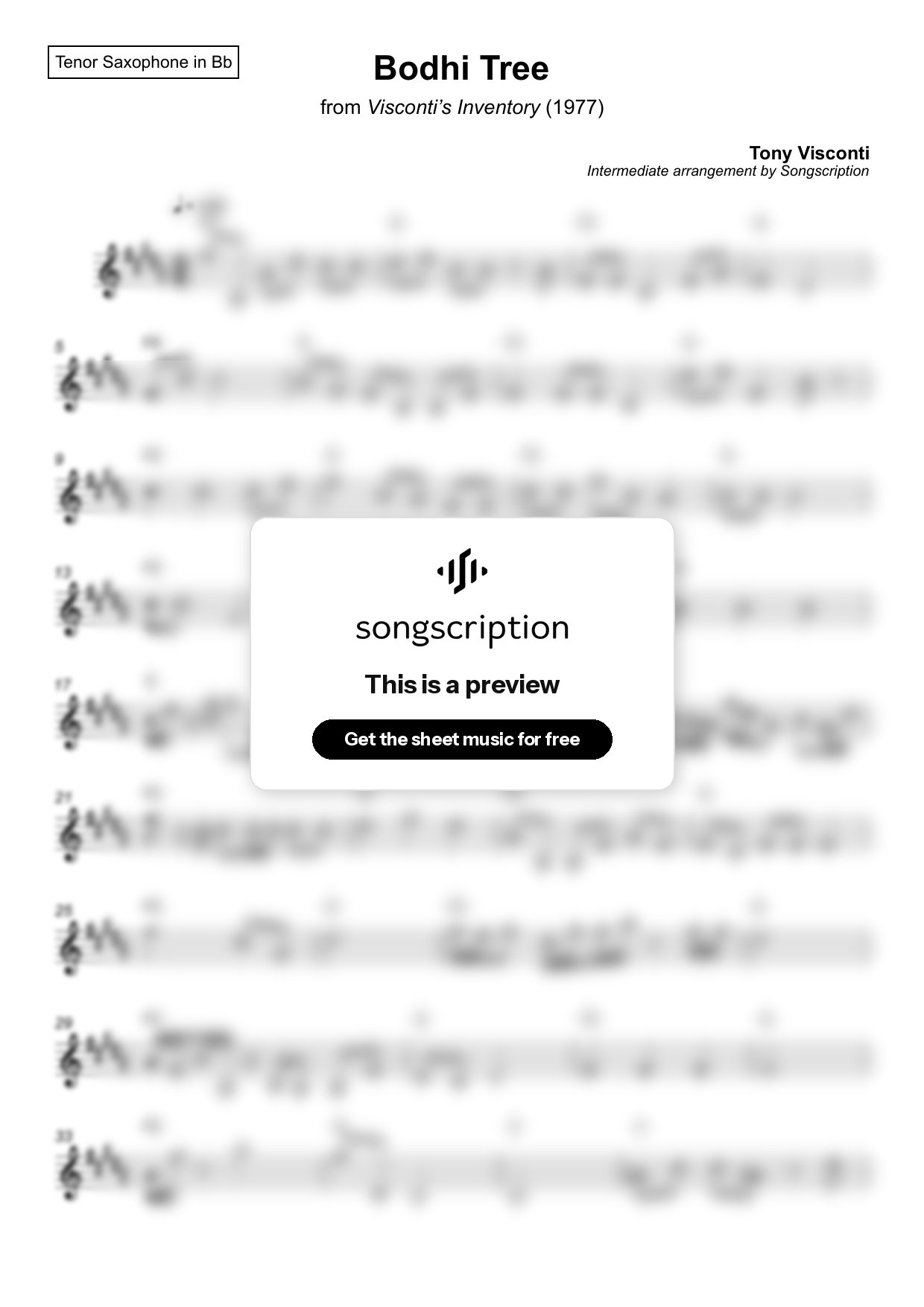 Intermediate Tenor Sax Sheet Music for "Bodhi Tree" by Tony Visconti