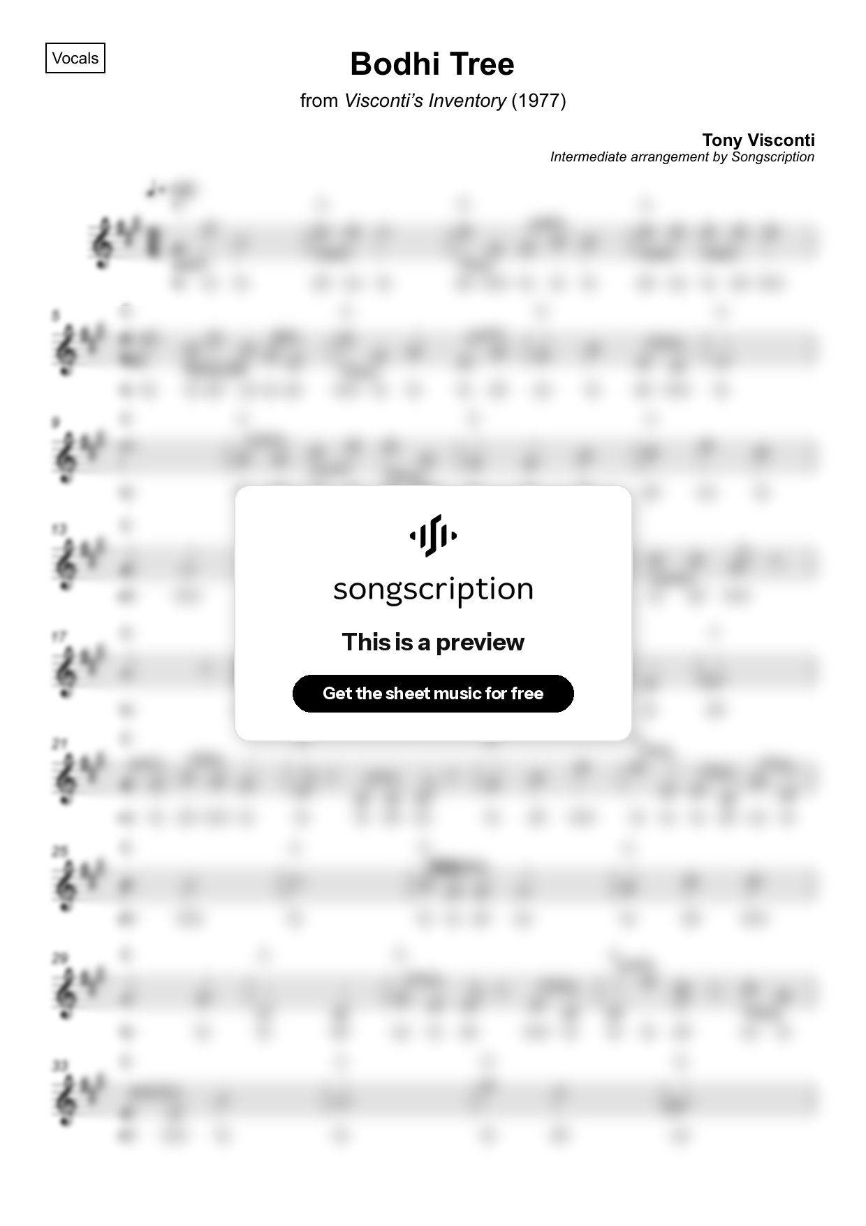Intermediate Vocals Sheet Music for "Bodhi Tree" by Tony Visconti