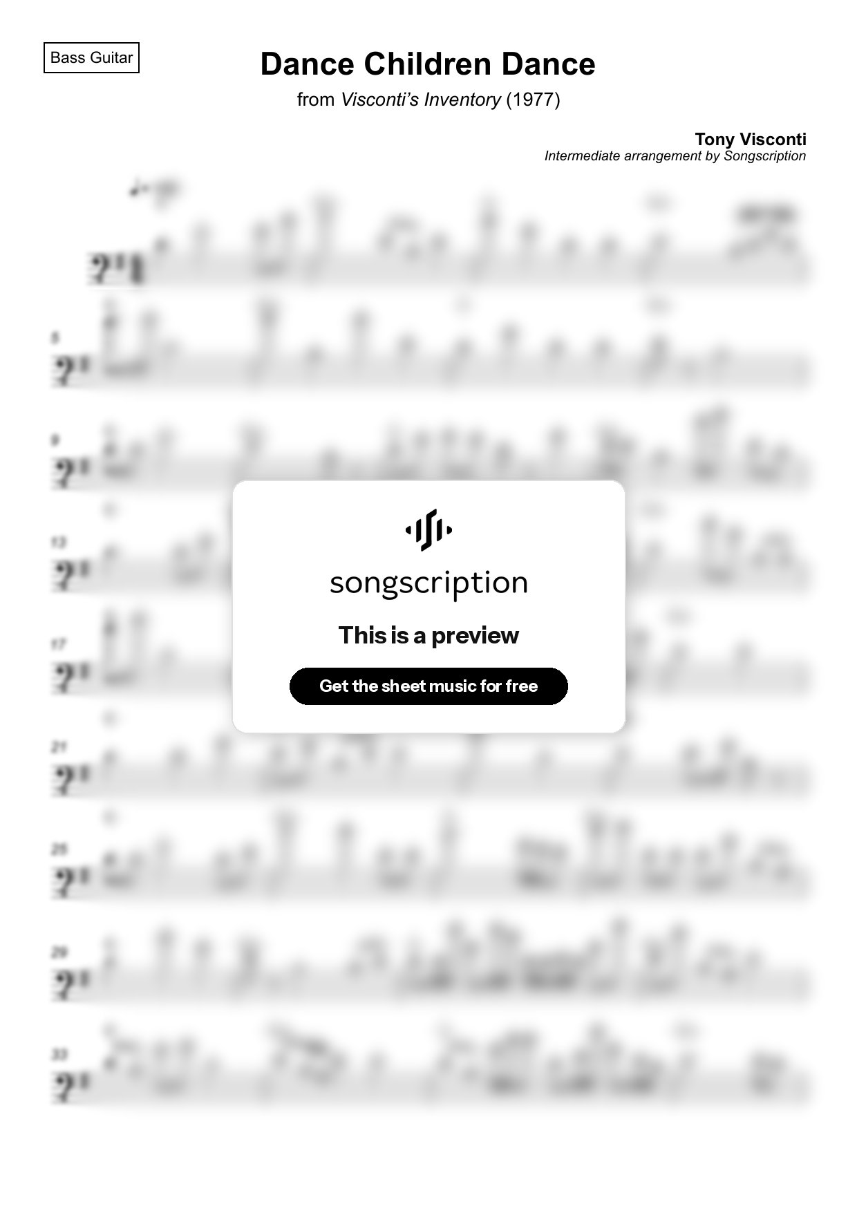 Intermediate Bass Guitar Sheet Music for "Dance Children Dance" by Tony Visconti