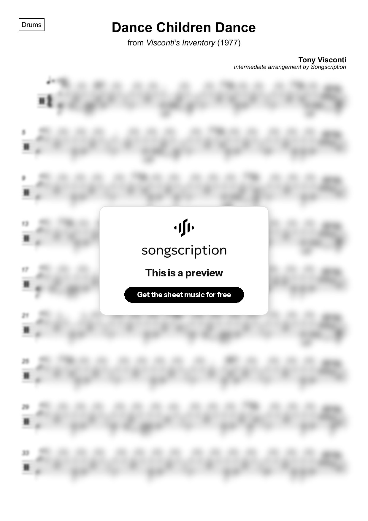 Intermediate Drums Sheet Music for "Dance Children Dance" by Tony Visconti