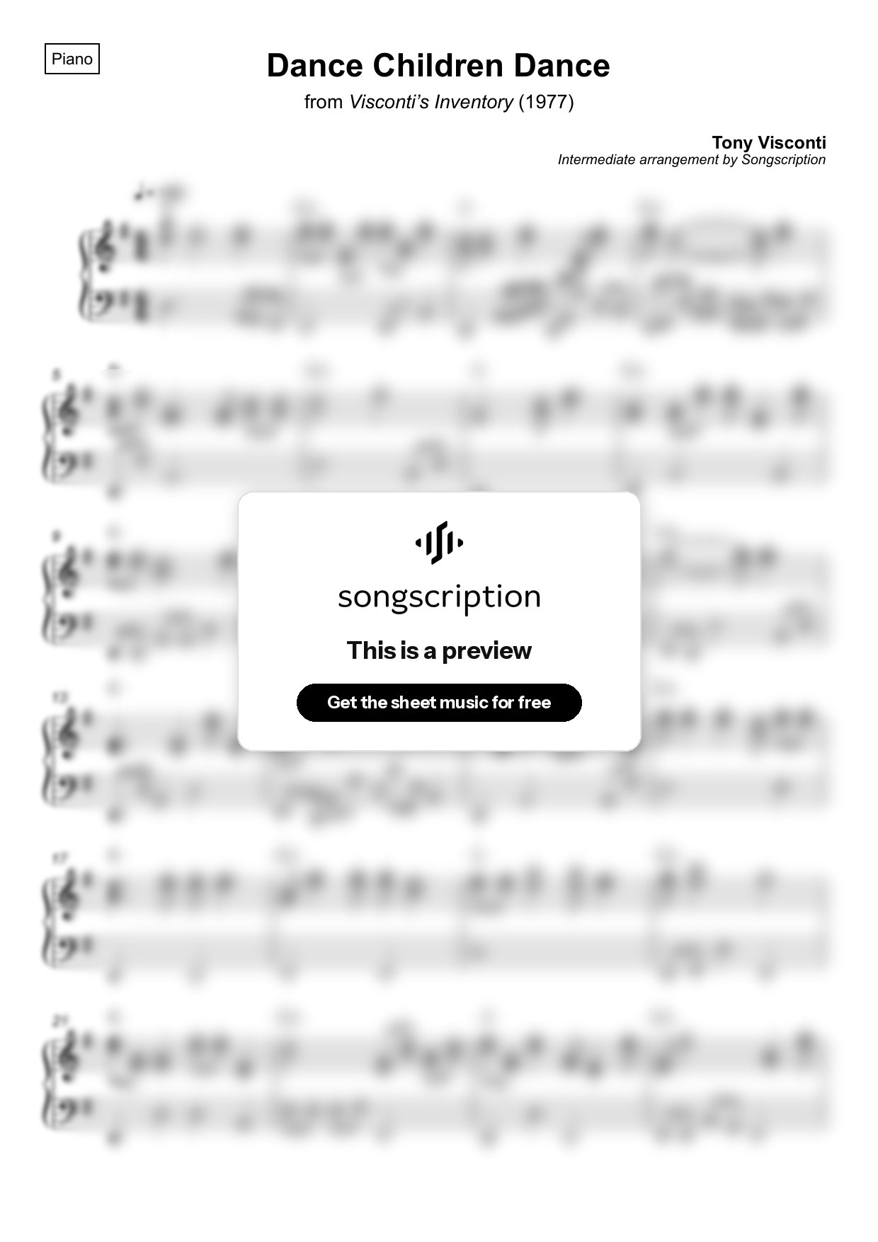 Intermediate Piano Sheet Music for "Dance Children Dance" by Tony Visconti