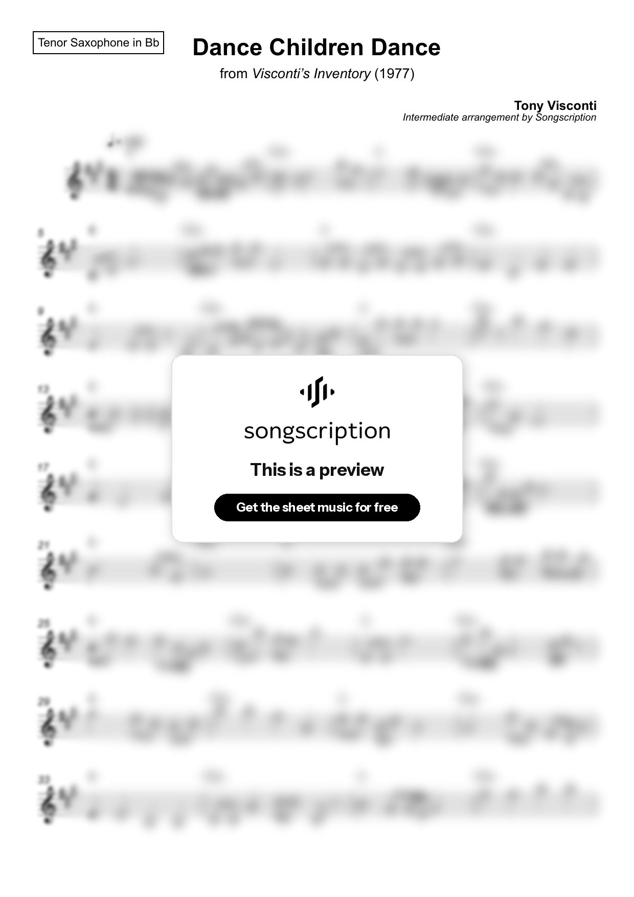 Intermediate Tenor Sax Sheet Music for "Dance Children Dance" by Tony Visconti