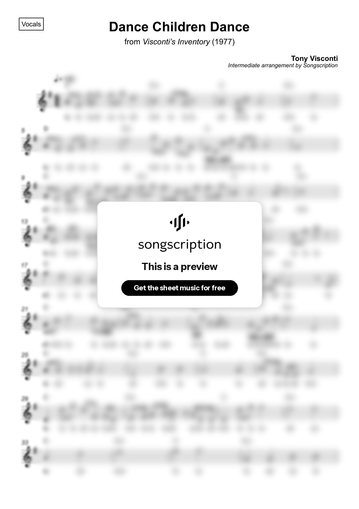 Intermediate Vocals Sheet Music for "Dance Children Dance" by Tony Visconti