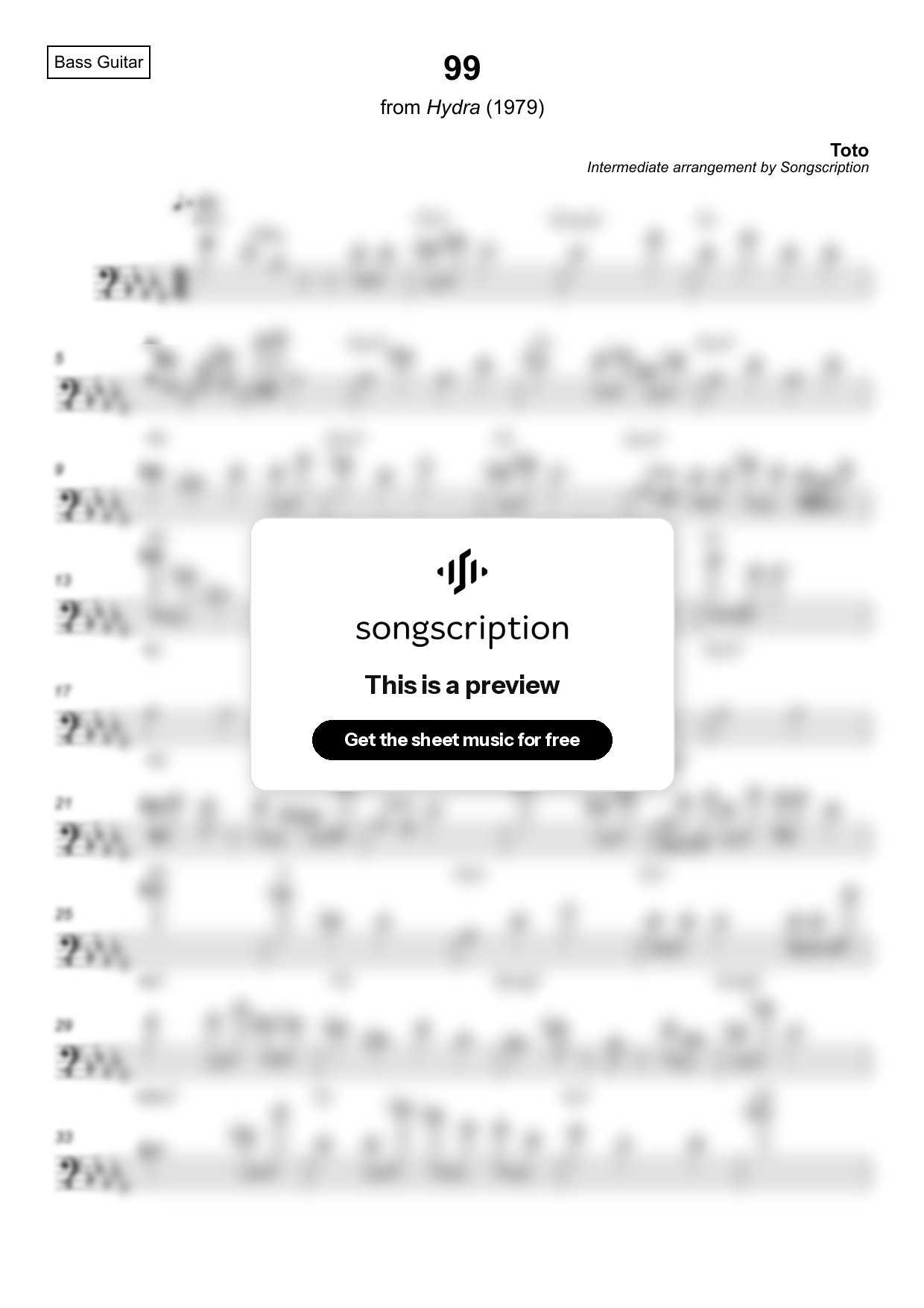Intermediate Bass Guitar Sheet Music for "99" by Toto