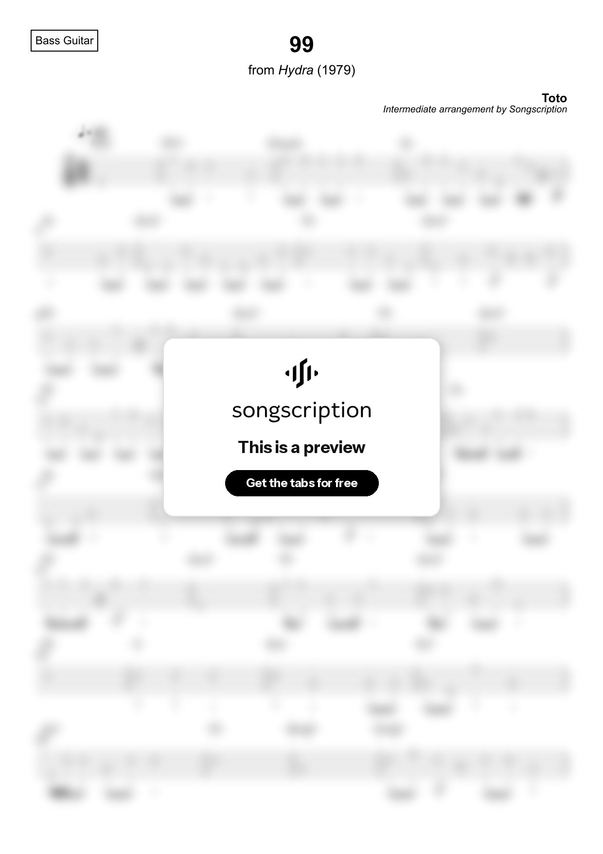 Intermediate Bass Guitar Tabs for "99" by Toto