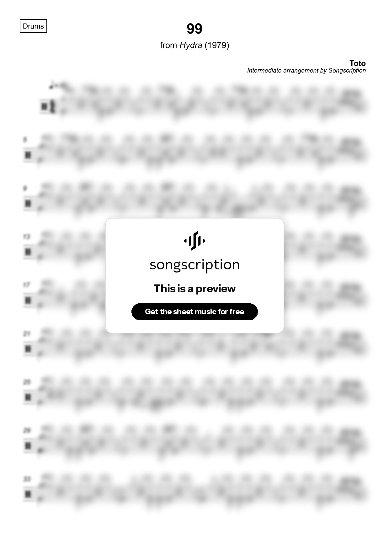 Intermediate Drums Sheet Music for "99" by Toto