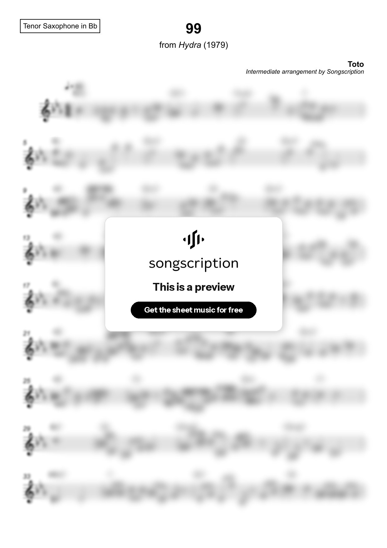 Intermediate Tenor Sax Sheet Music for "99" by Toto