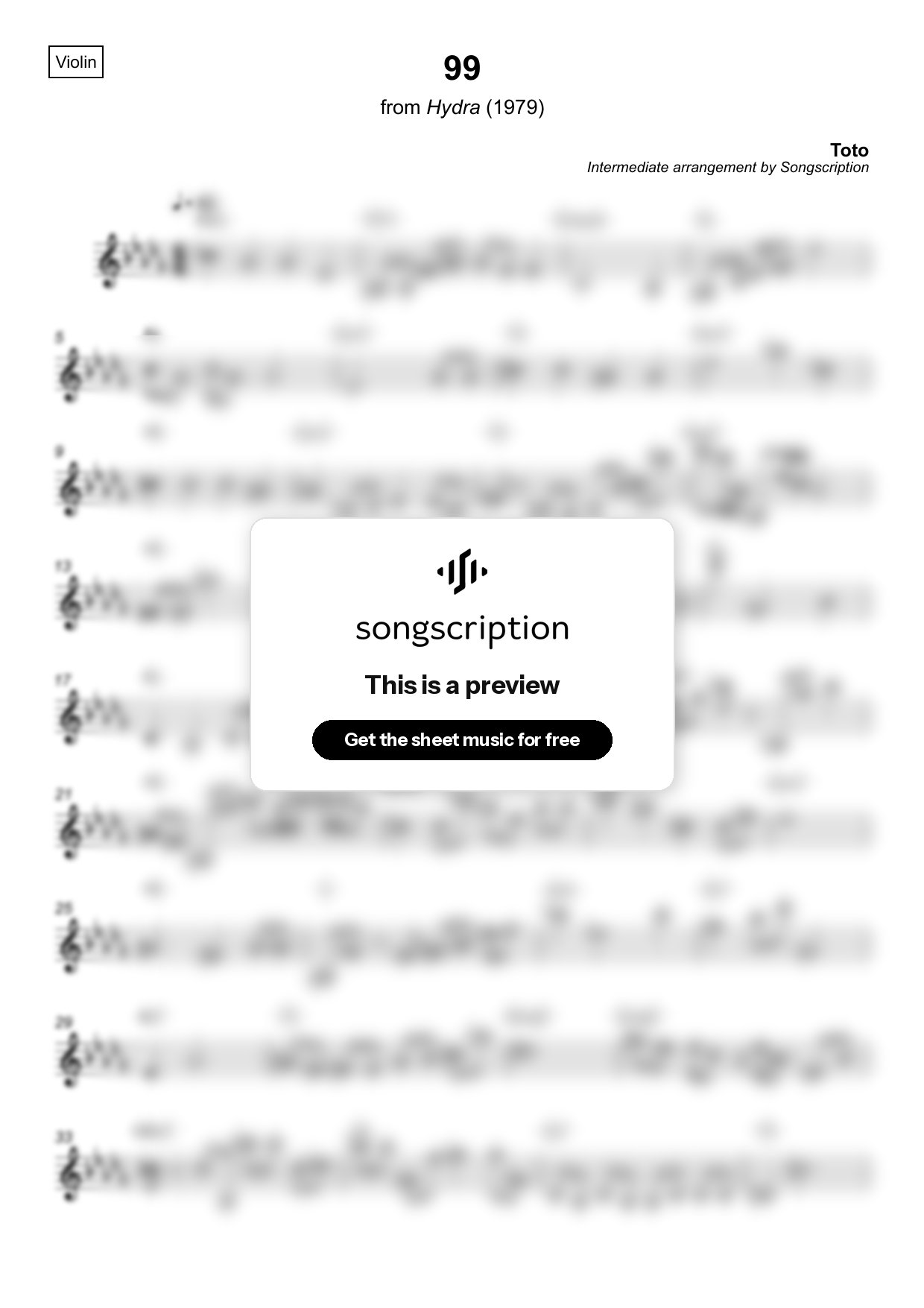 Intermediate Violin Sheet Music for "99" by Toto