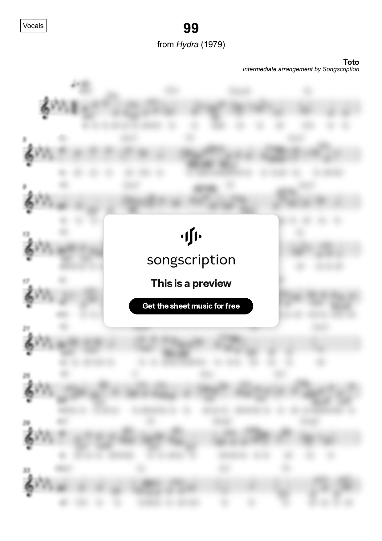 Intermediate Vocals Sheet Music for "99" by Toto
