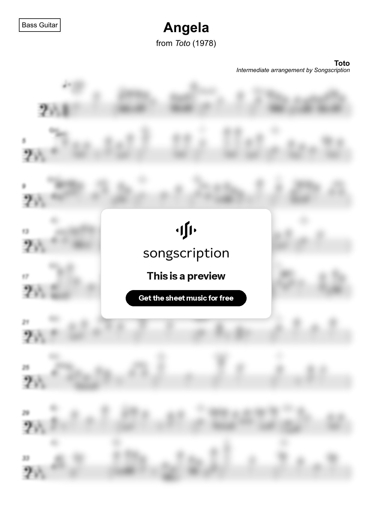 Intermediate Bass Guitar Sheet Music for "Angela" by Toto