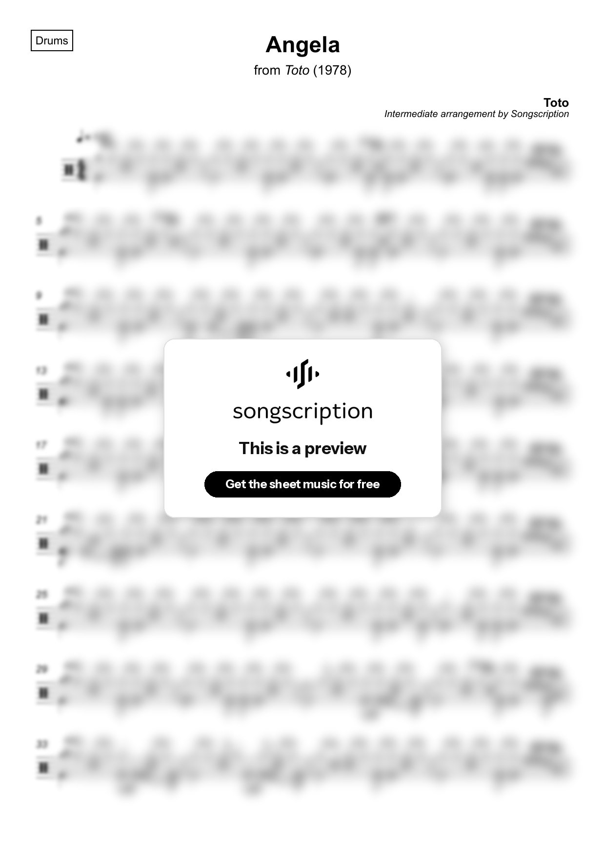 Intermediate Drums Sheet Music for "Angela" by Toto