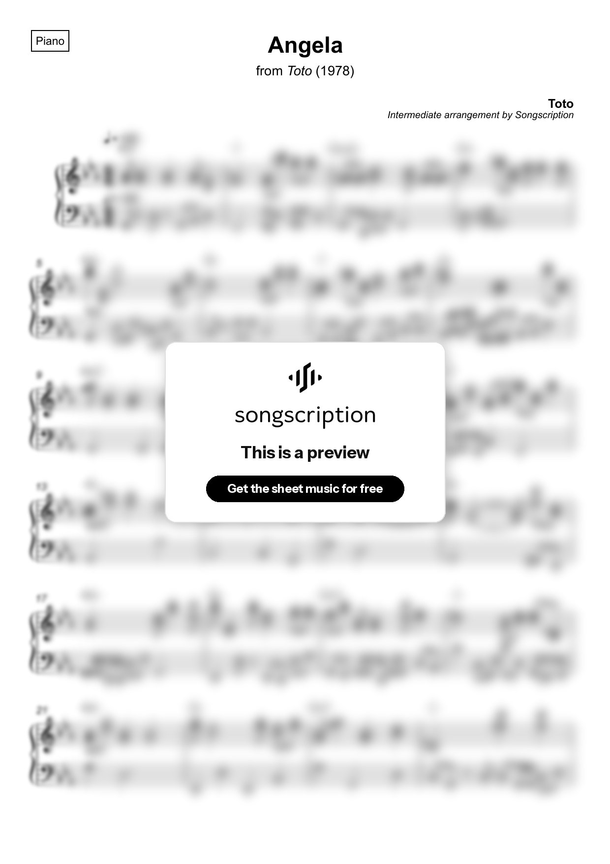 Intermediate Piano Sheet Music for "Angela" by Toto