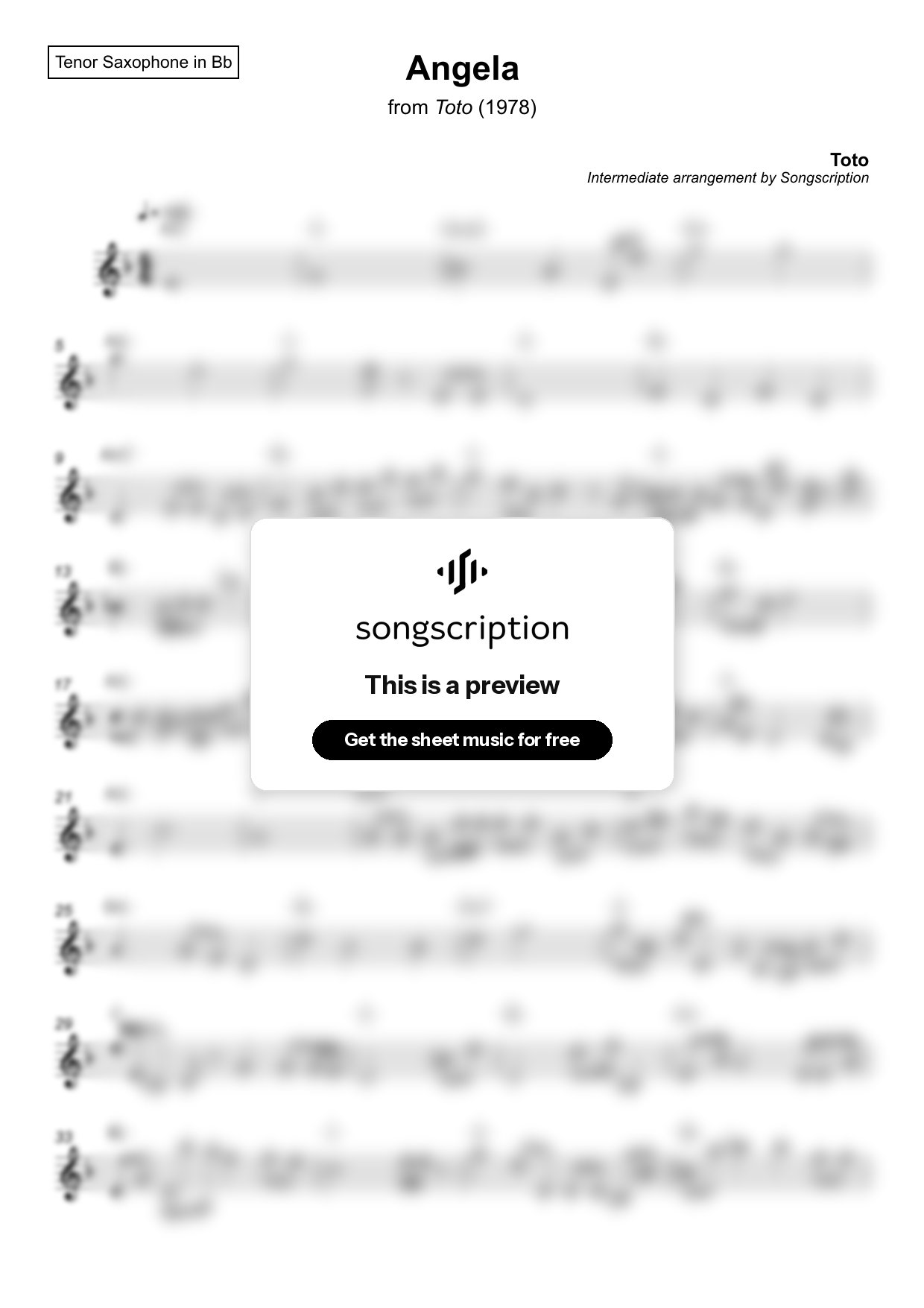Intermediate Tenor Sax Sheet Music for "Angela" by Toto