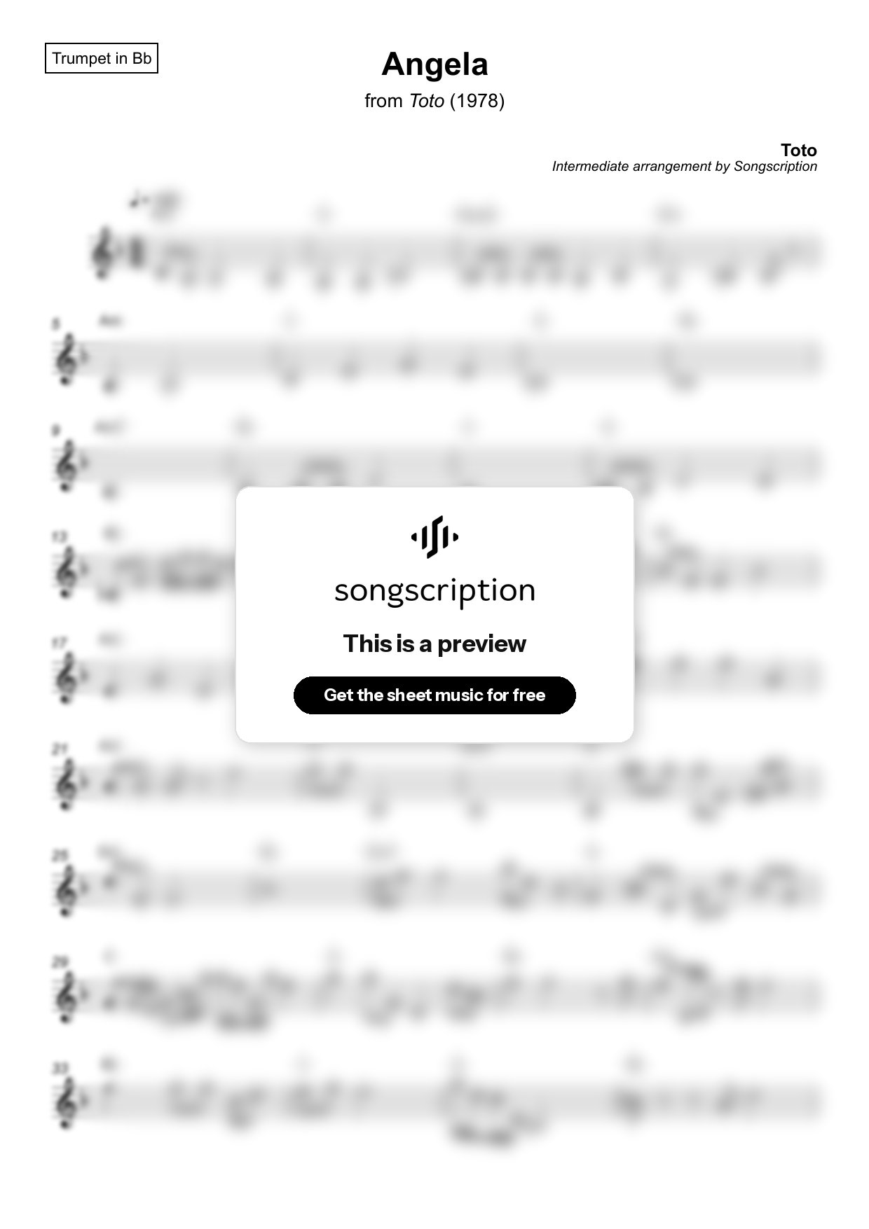 Intermediate Trumpet Sheet Music for "Angela" by Toto
