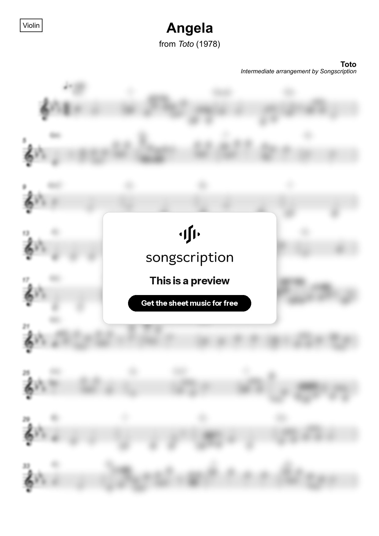 Intermediate Violin Sheet Music for "Angela" by Toto