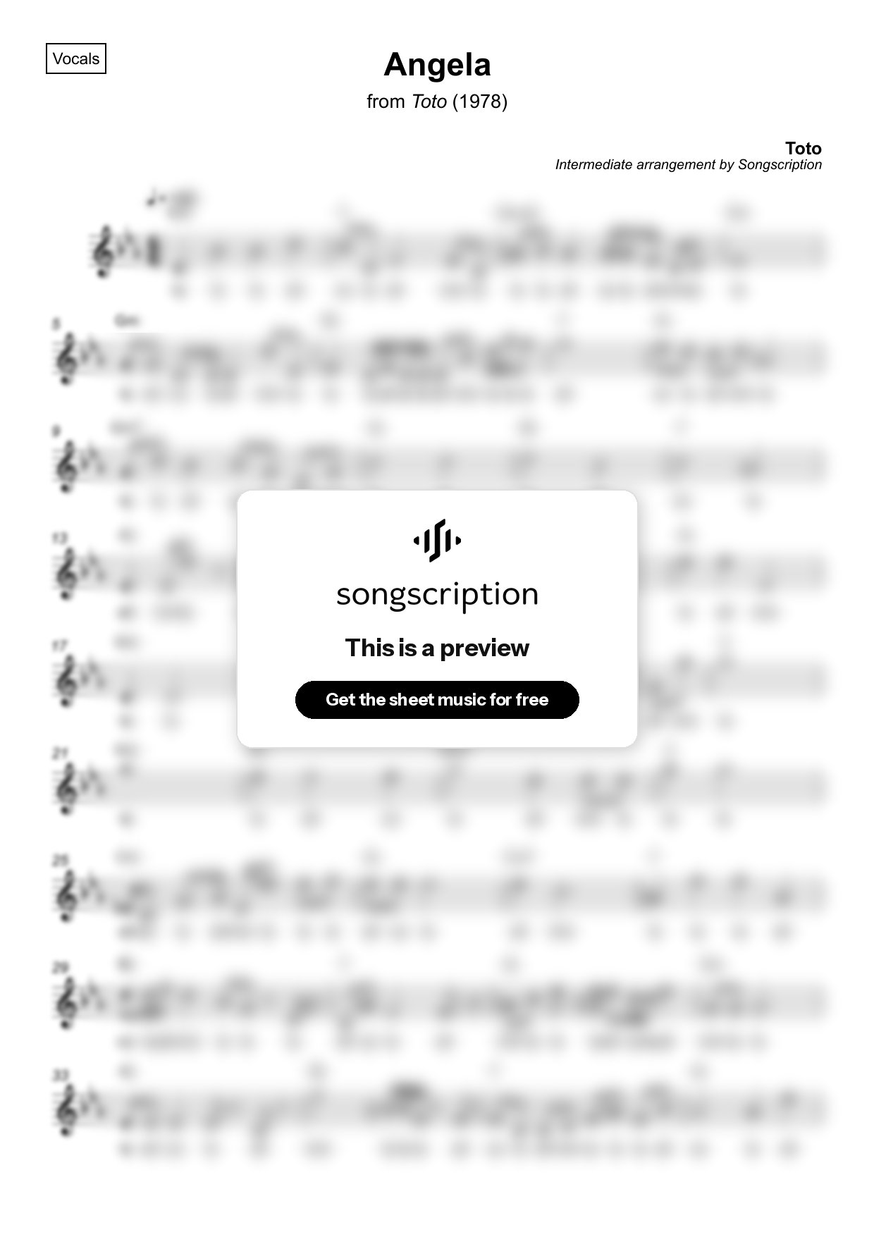 Intermediate Vocals Sheet Music for "Angela" by Toto