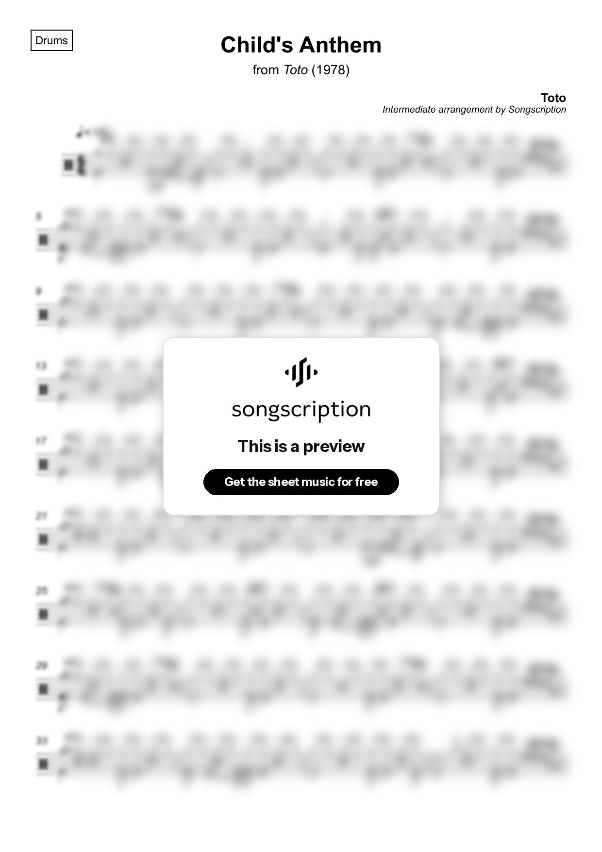 Intermediate Drums Sheet Music for "Child's Anthem" by Toto