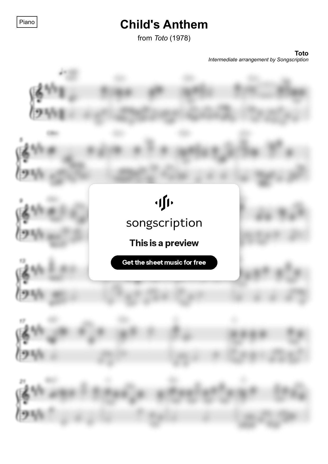 Intermediate Piano Sheet Music for "Child's Anthem" by Toto