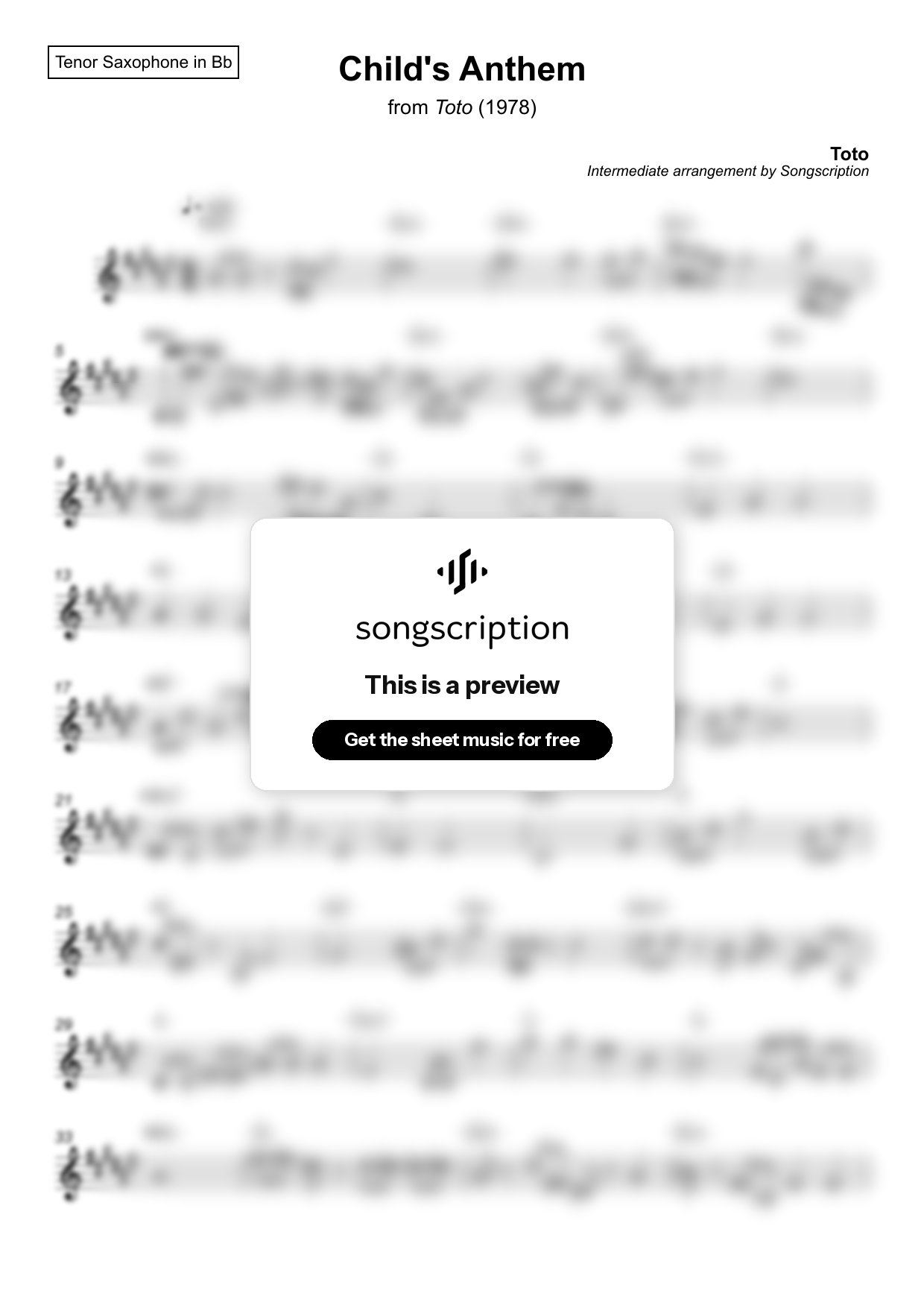 Intermediate Tenor Sax Sheet Music for "Child's Anthem" by Toto