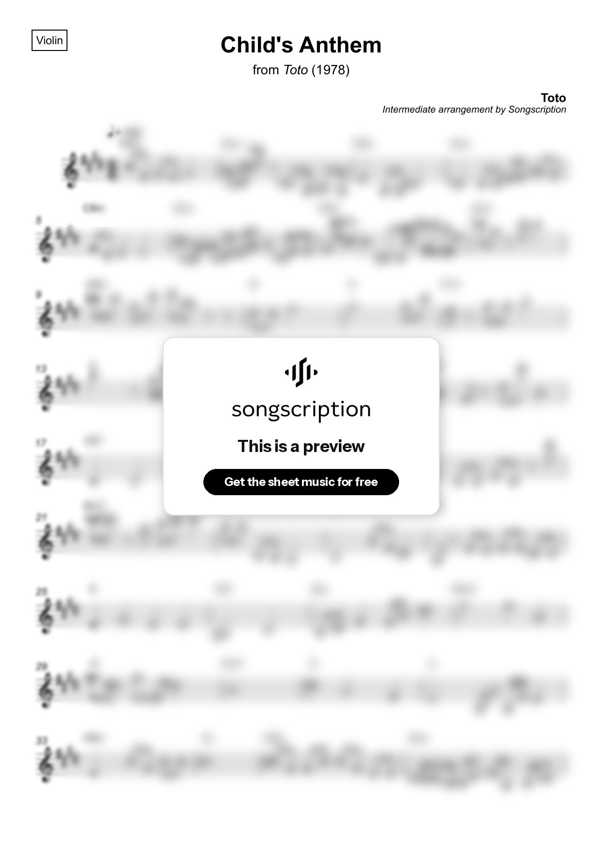 Intermediate Violin Sheet Music for "Child's Anthem" by Toto