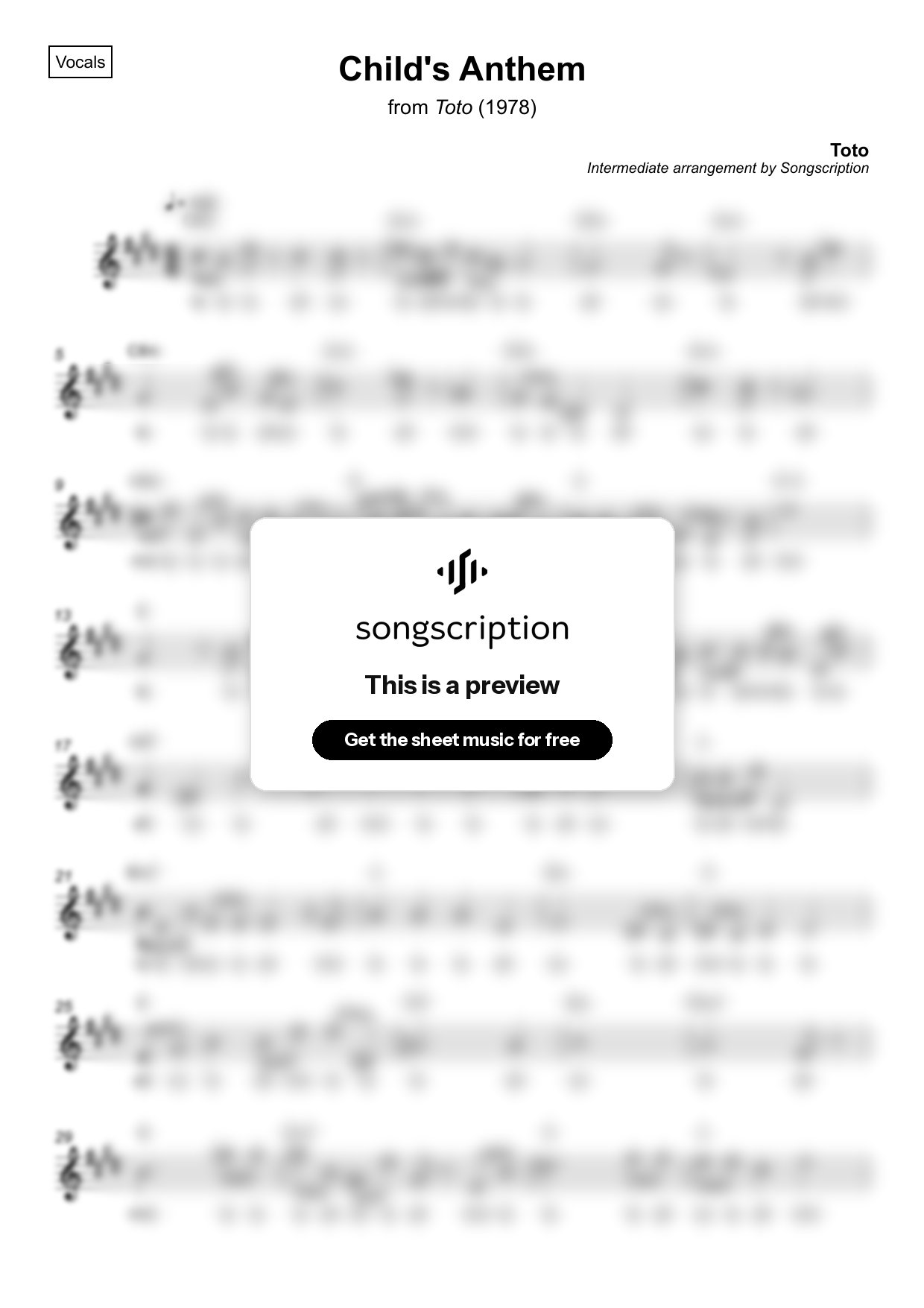 Intermediate Vocals Sheet Music for "Child's Anthem" by Toto
