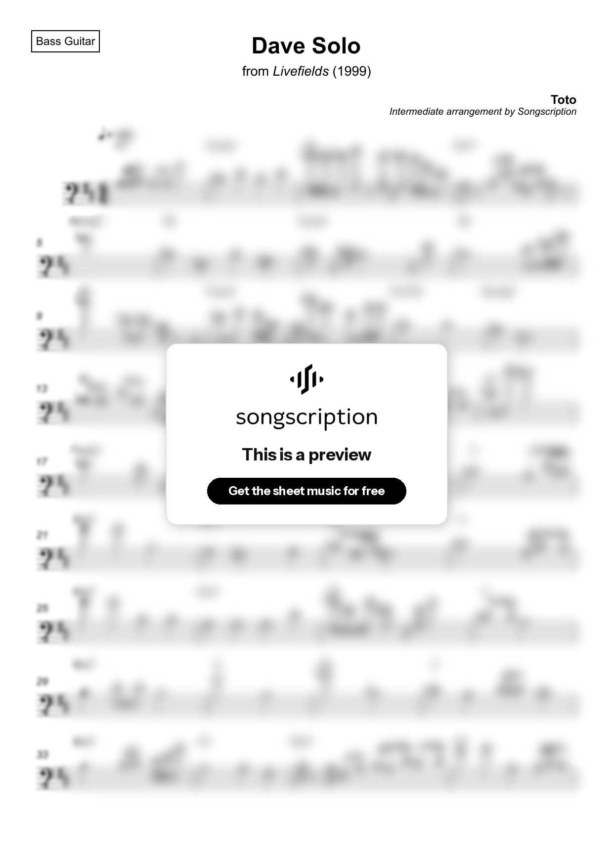 Intermediate Bass Guitar Sheet Music for "Dave Solo" by Toto