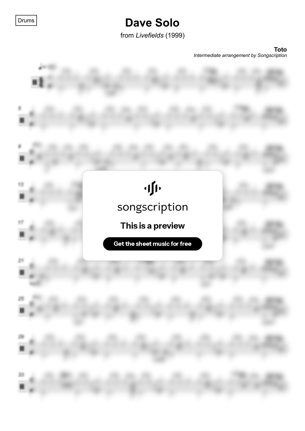 Intermediate Drums Sheet Music for "Dave Solo" by Toto