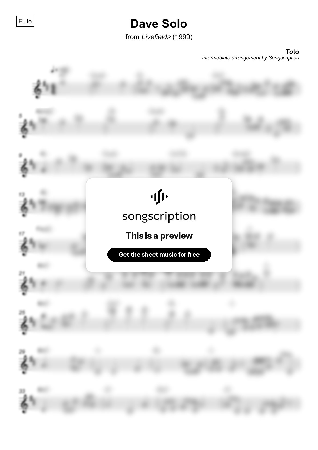 Intermediate Flute Sheet Music for "Dave Solo" by Toto