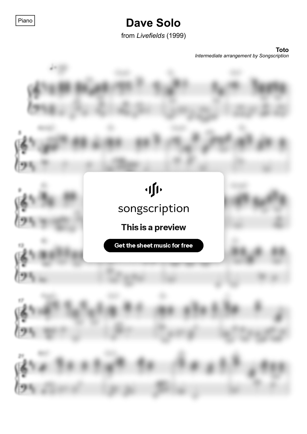 Intermediate Piano Sheet Music for "Dave Solo" by Toto