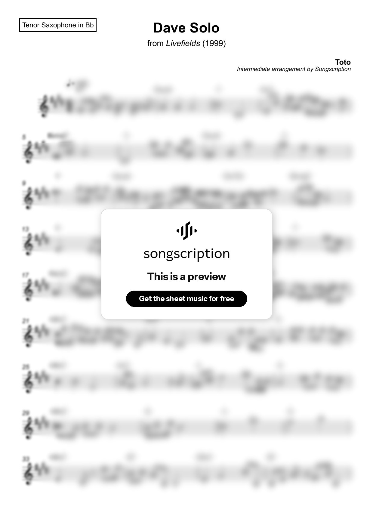 Intermediate Tenor Sax Sheet Music for "Dave Solo" by Toto