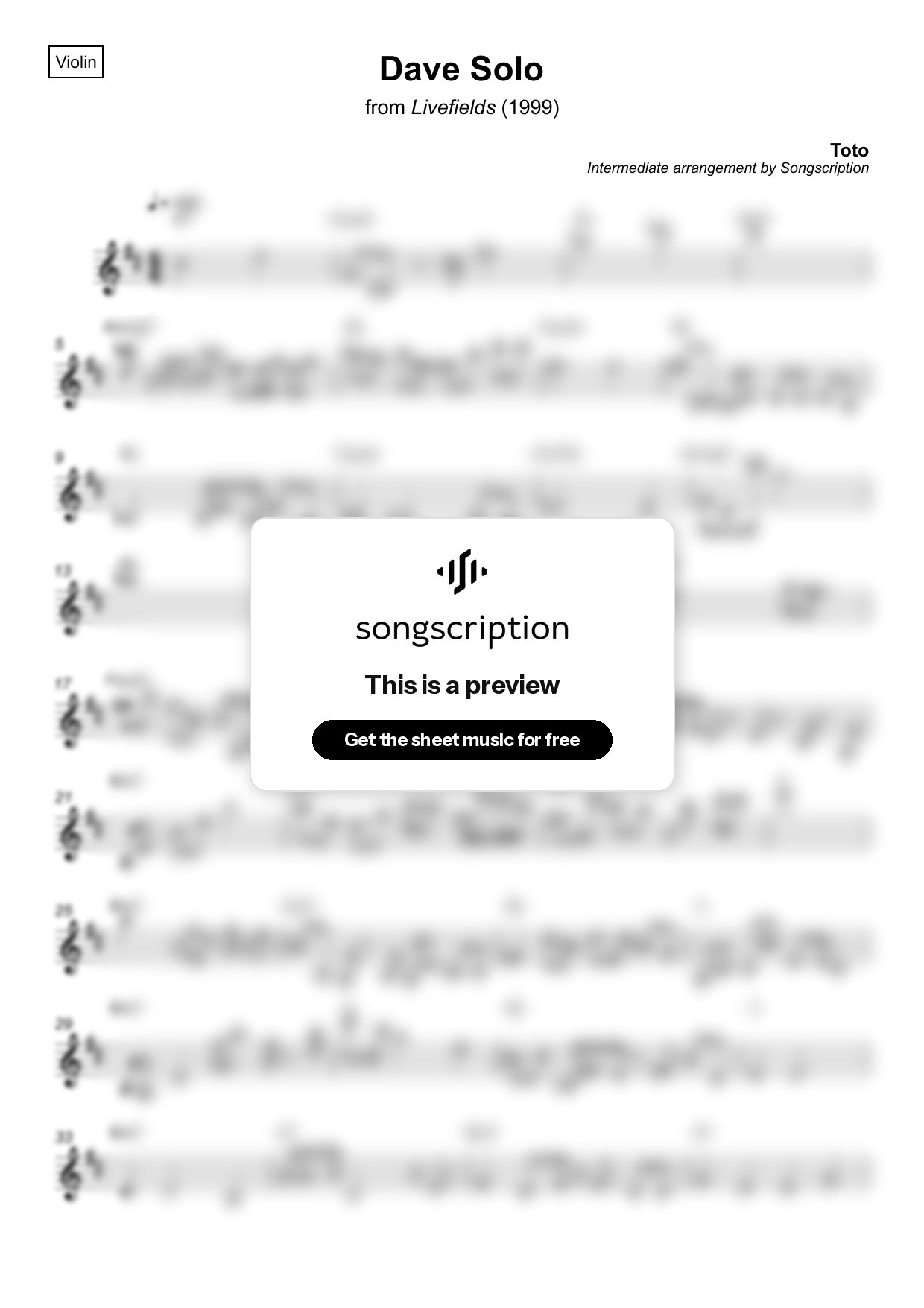 Intermediate Violin Sheet Music for "Dave Solo" by Toto