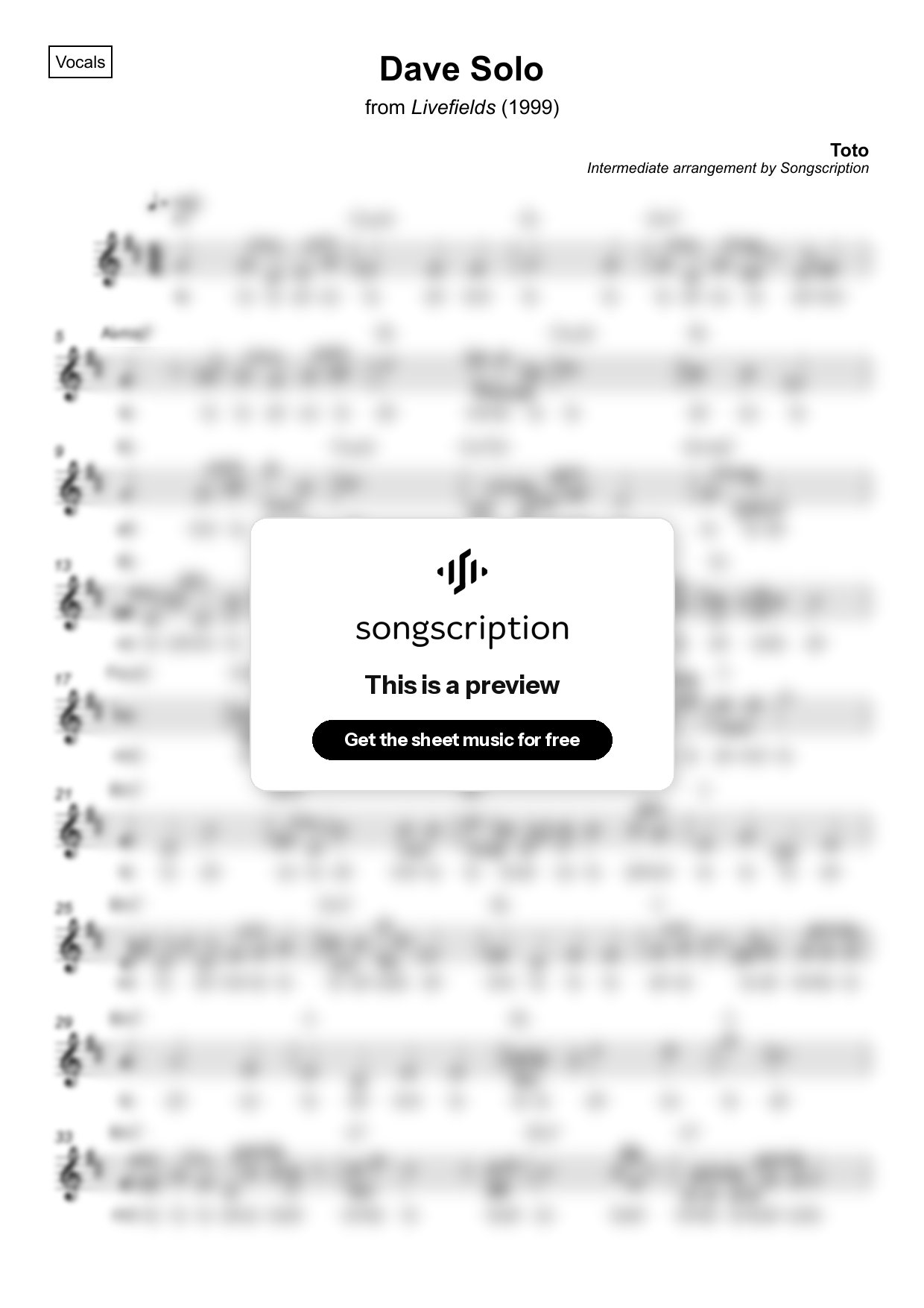 Intermediate Vocals Sheet Music for "Dave Solo" by Toto