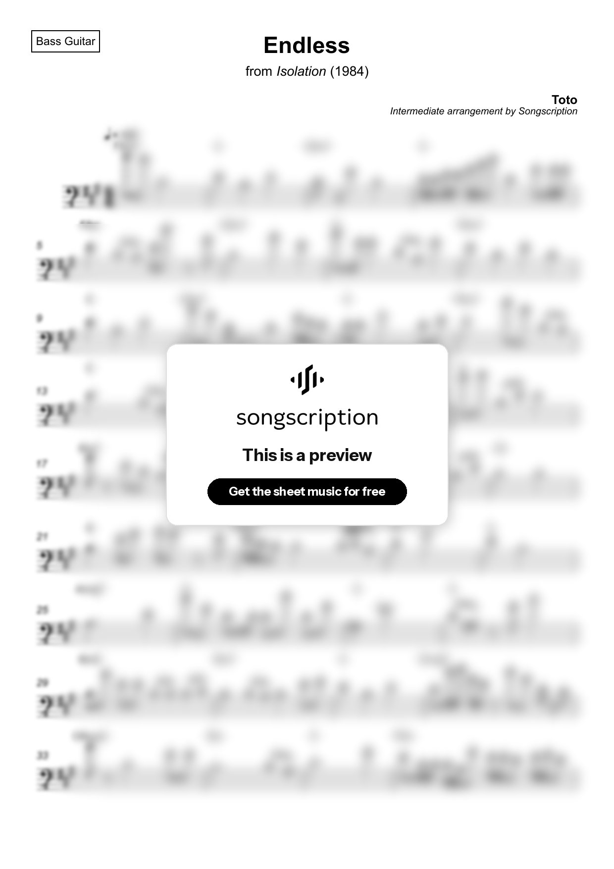 Intermediate Bass Guitar Sheet Music for "Endless" by Toto