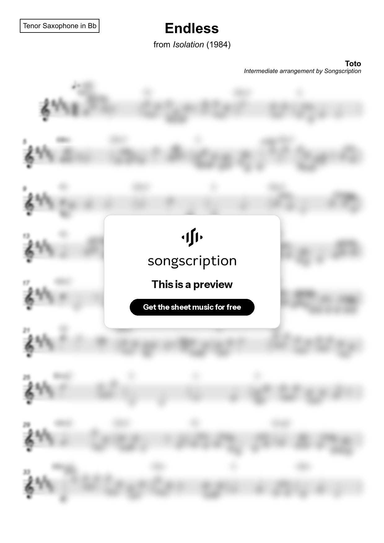 Intermediate Tenor Sax Sheet Music for "Endless" by Toto