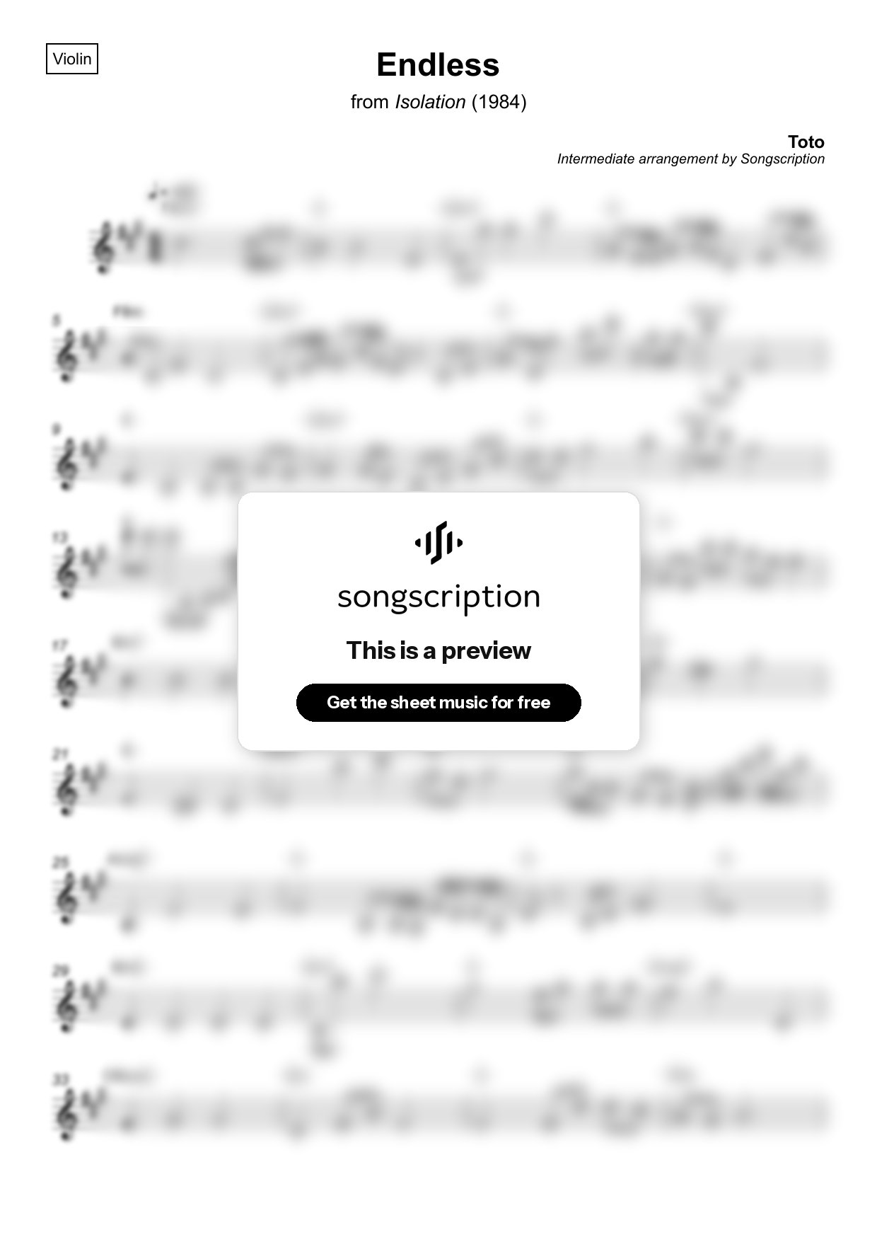 Intermediate Violin Sheet Music for "Endless" by Toto