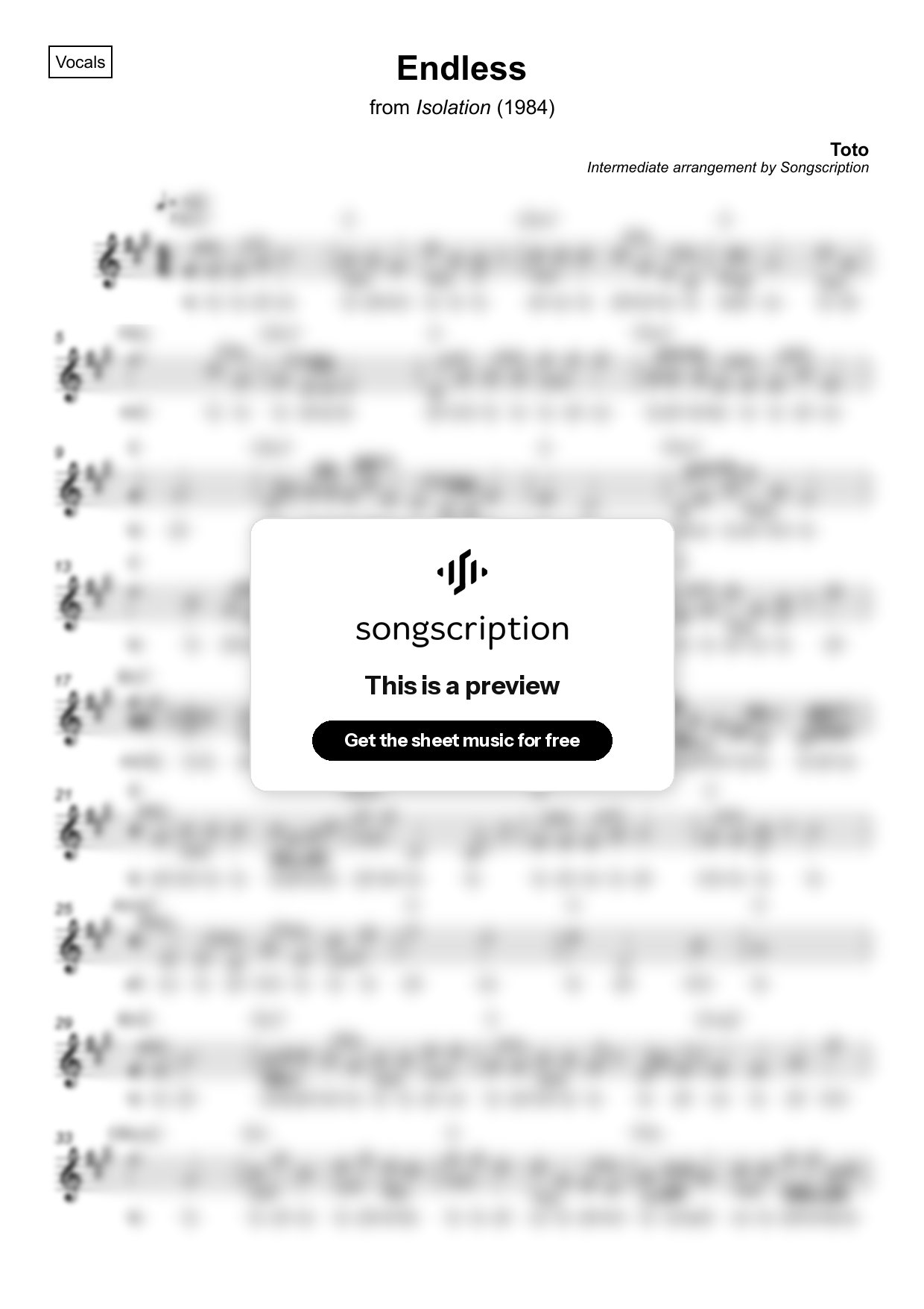 Intermediate Vocals Sheet Music for "Endless" by Toto