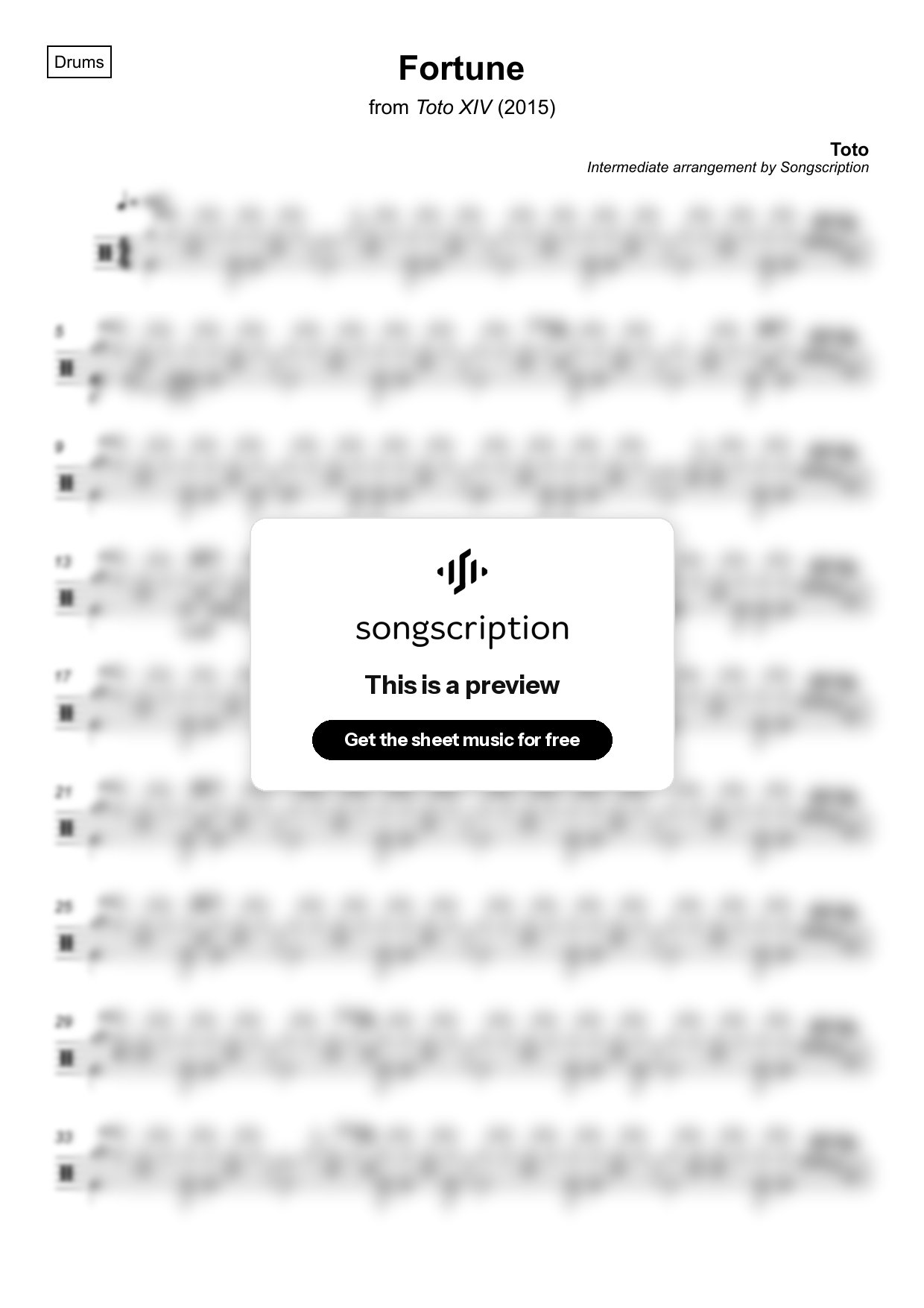 Intermediate Drums Sheet Music for "Fortune" by Toto