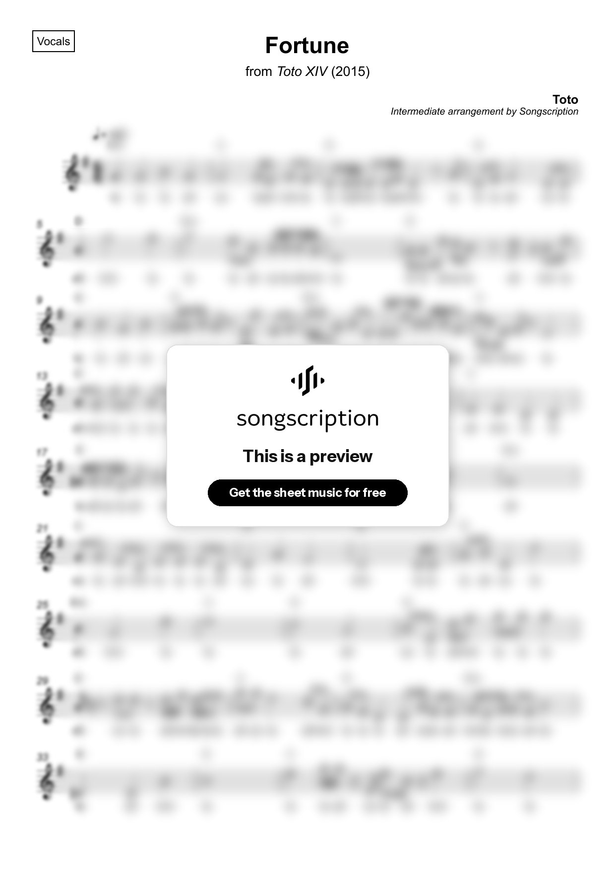 Intermediate Vocals Sheet Music for "Fortune" by Toto