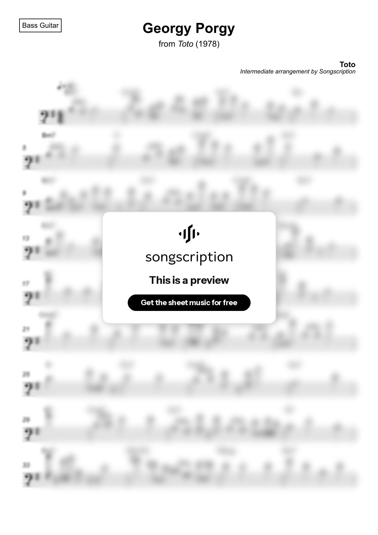 Intermediate Bass Guitar Sheet Music for "Georgy Porgy" by Toto