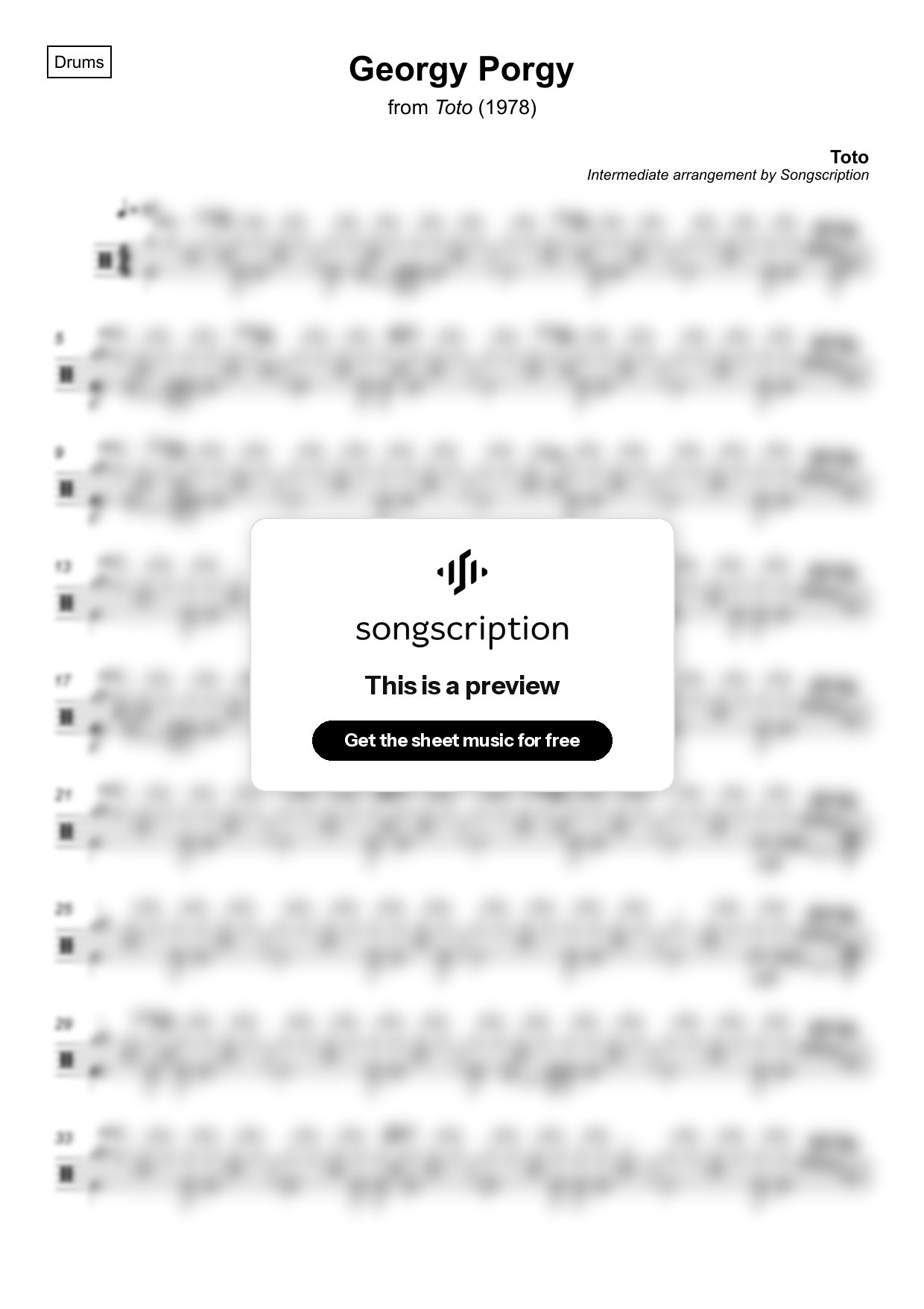 Intermediate Drums Sheet Music for "Georgy Porgy" by Toto