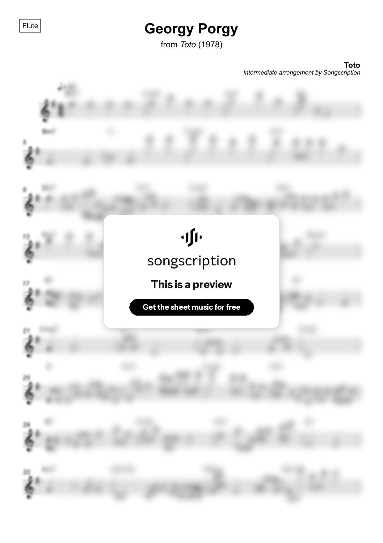 Intermediate Flute Sheet Music for "Georgy Porgy" by Toto