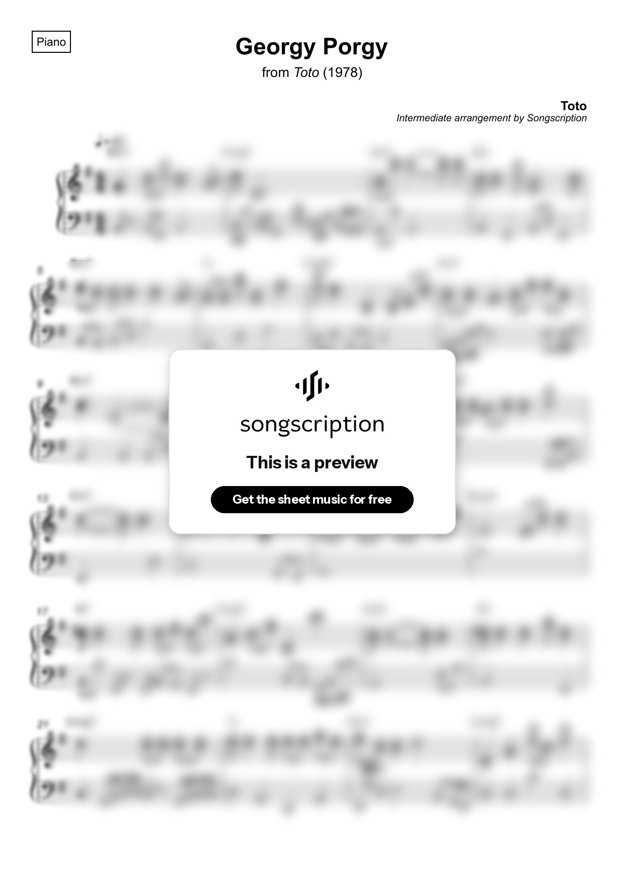 Intermediate Piano Sheet Music for "Georgy Porgy" by Toto