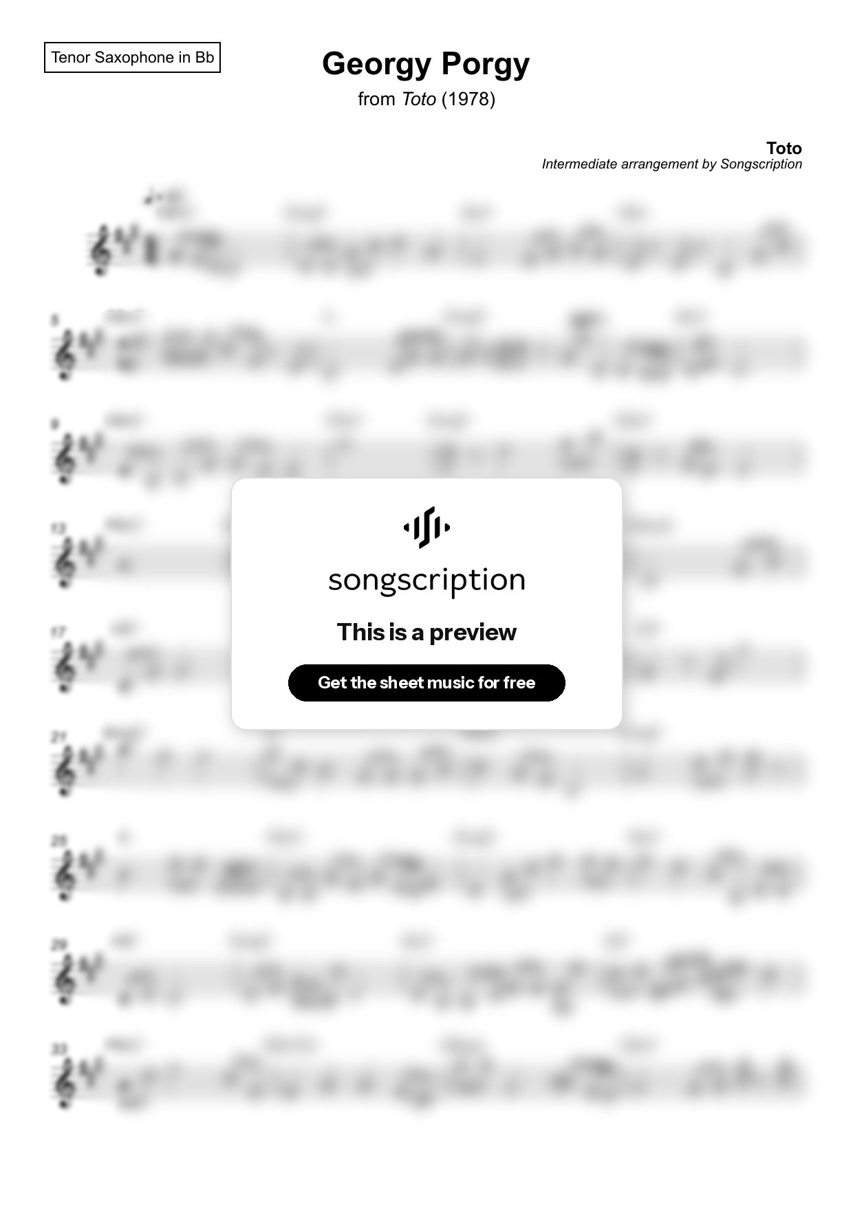 Intermediate Tenor Sax Sheet Music for "Georgy Porgy" by Toto