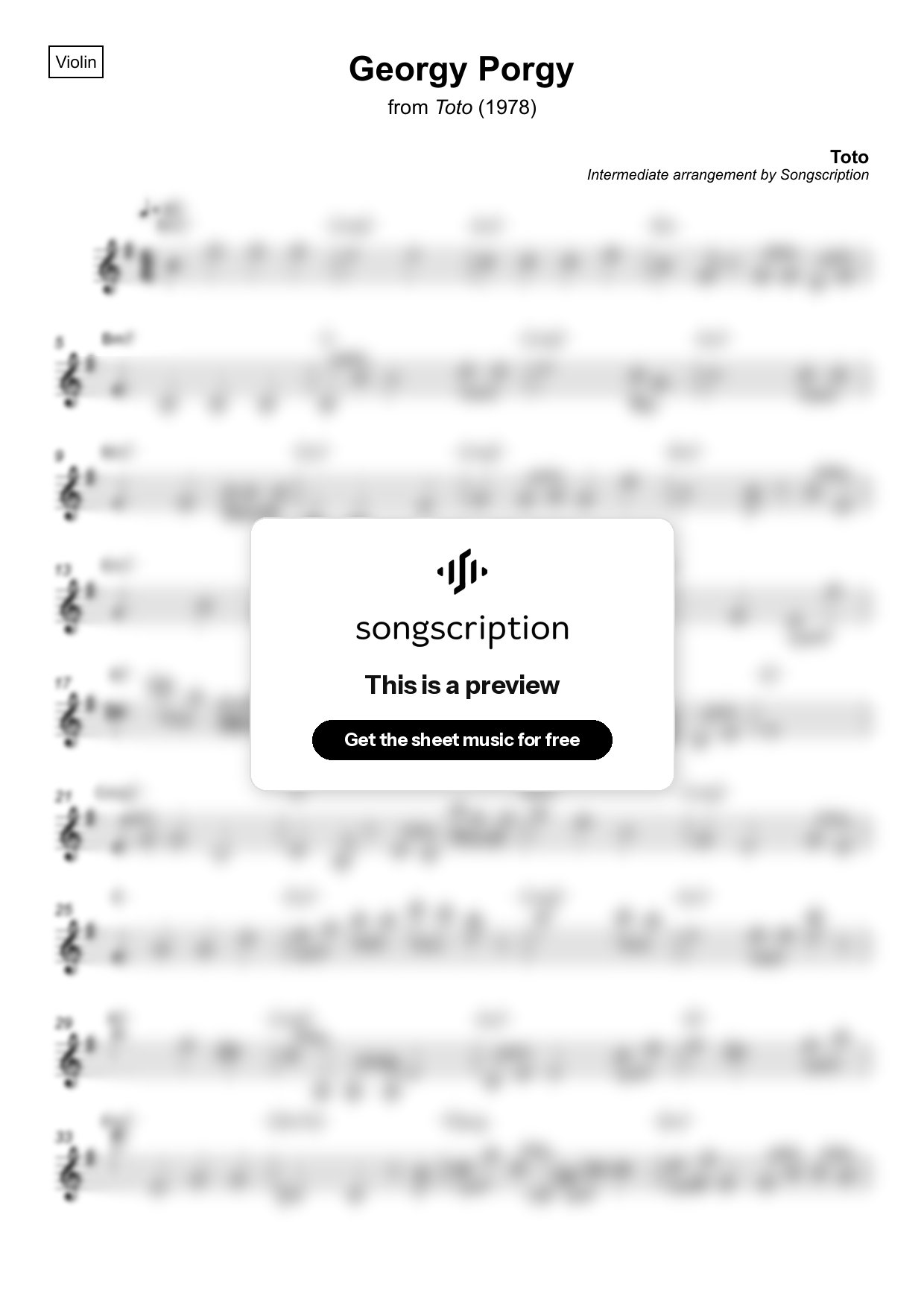 Intermediate Violin Sheet Music for "Georgy Porgy" by Toto