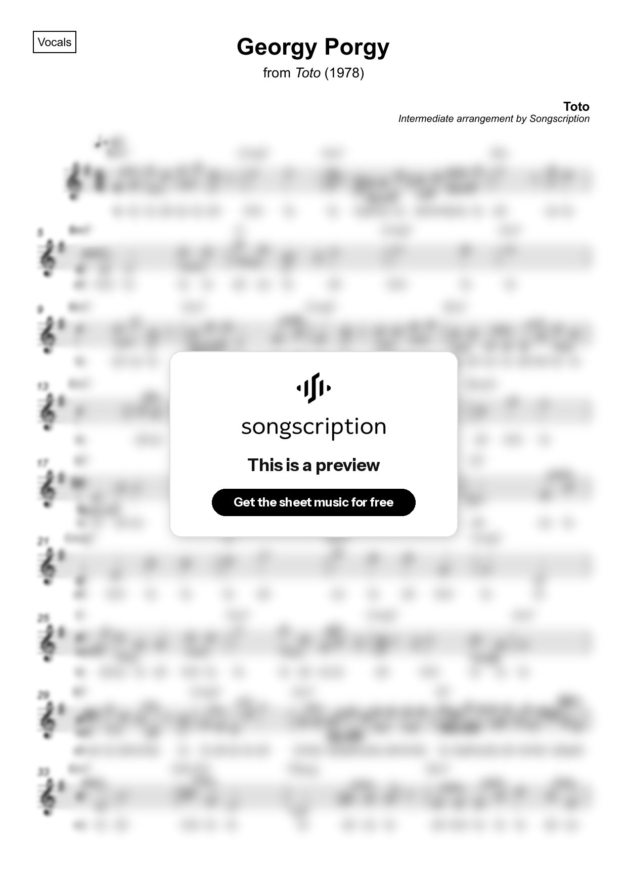 Intermediate Vocals Sheet Music for "Georgy Porgy" by Toto