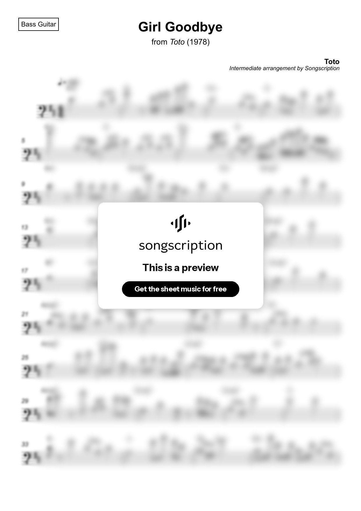 Intermediate Bass Guitar Sheet Music for "Girl Goodbye" by Toto