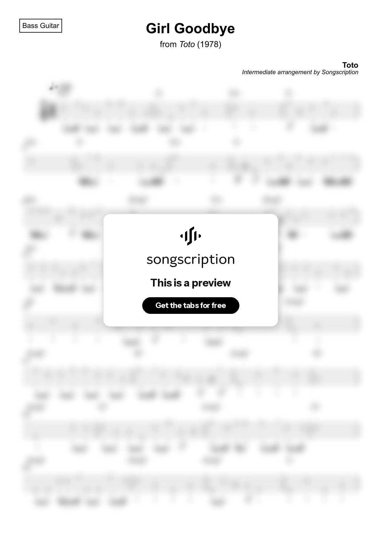 Intermediate Bass Guitar Tabs for "Girl Goodbye" by Toto