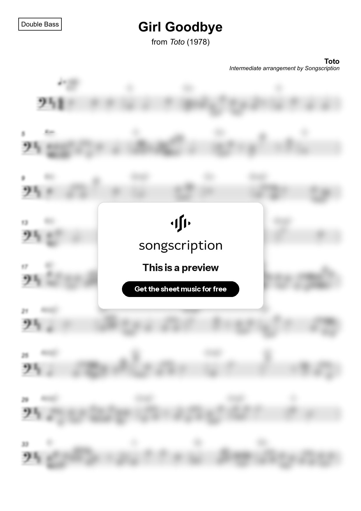 Intermediate Double Bass Sheet Music for "Girl Goodbye" by Toto