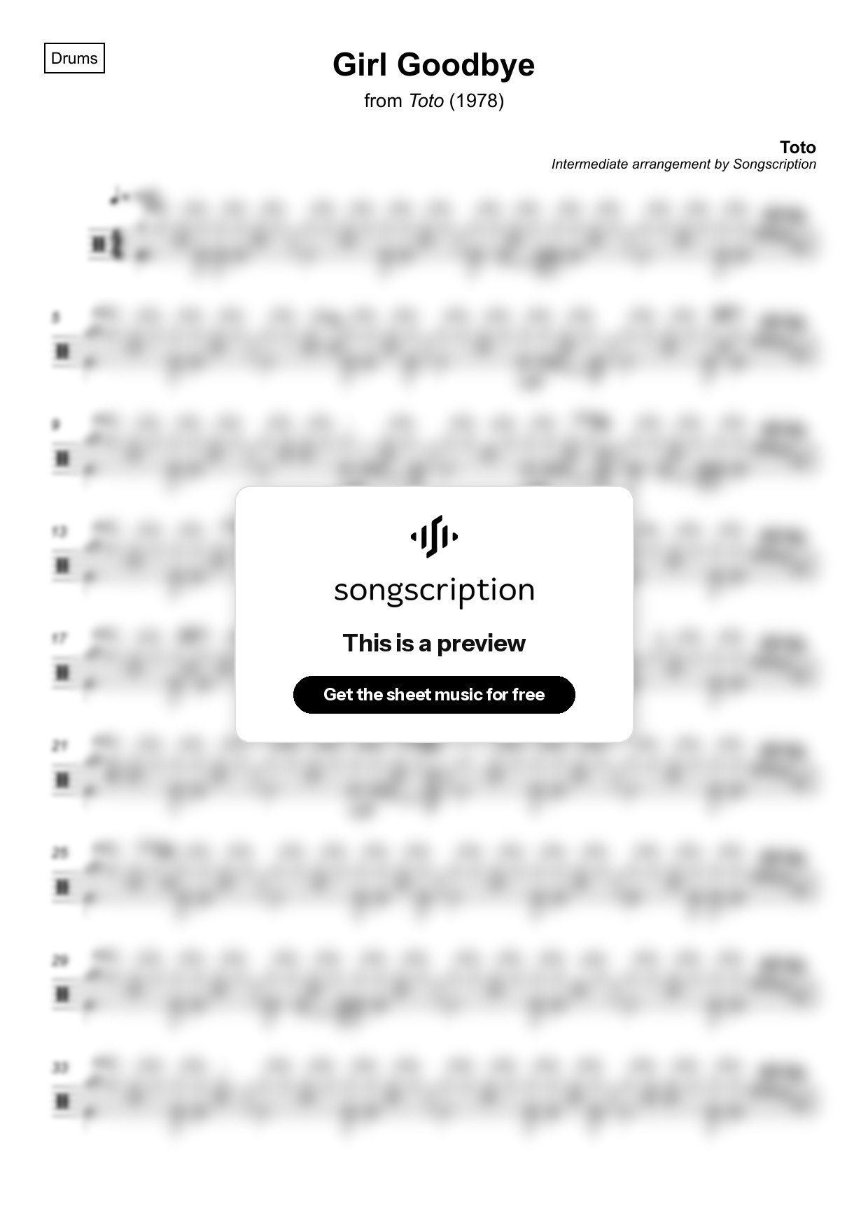 Intermediate Drums Sheet Music for "Girl Goodbye" by Toto